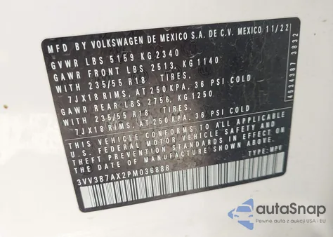 2023 Volkswagen Tiguan 2.0T Se из США, поврежденный, VIN 3VV3B7AX2PM036888